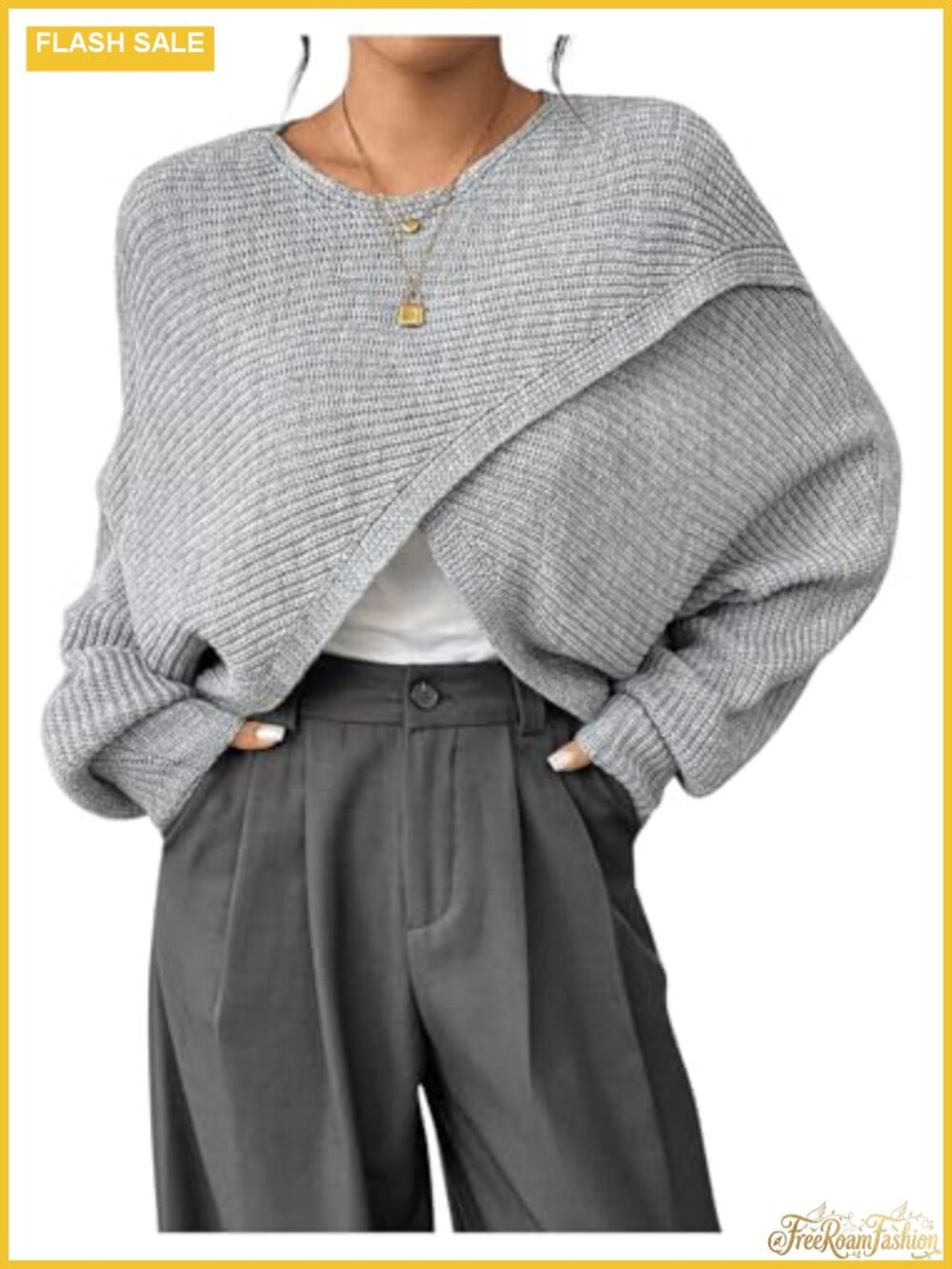 Cropped Boat Neck Lantern Sleeve Wrap Pullover Sweater Lightweight Acrylic
